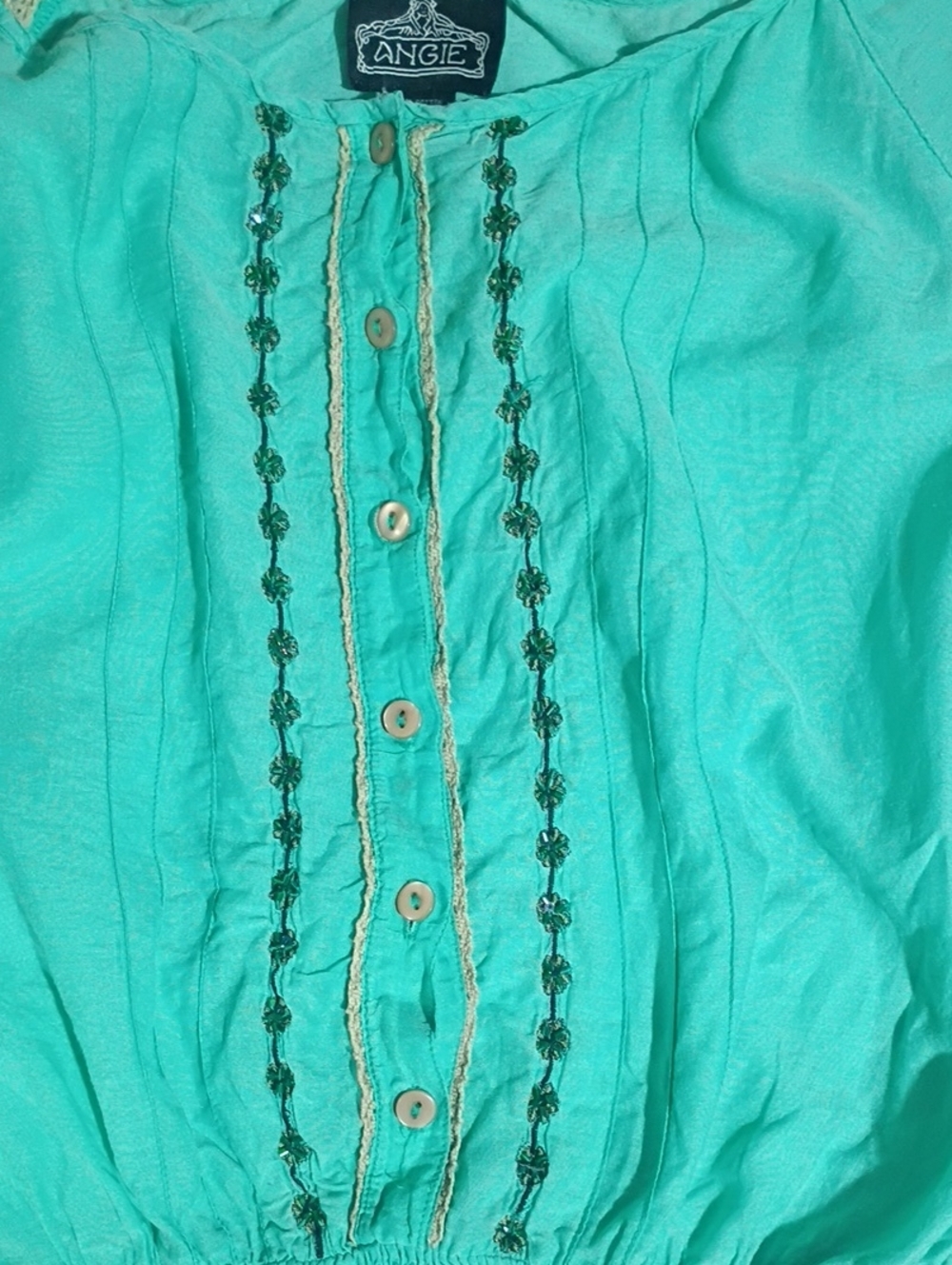 Angie Turquoise Button-Front Embroidered Blouse